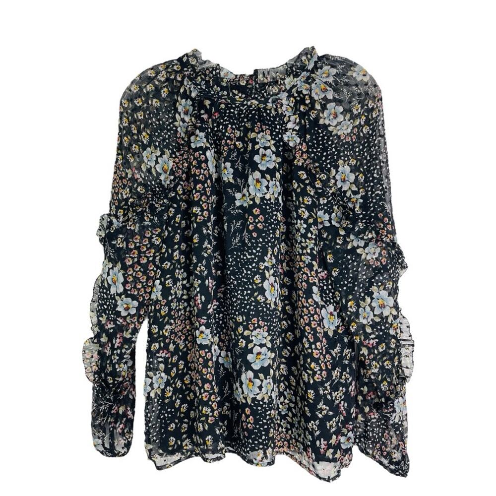 Loft black grey pink floral ruffle chiffon cottagecore boho top medium